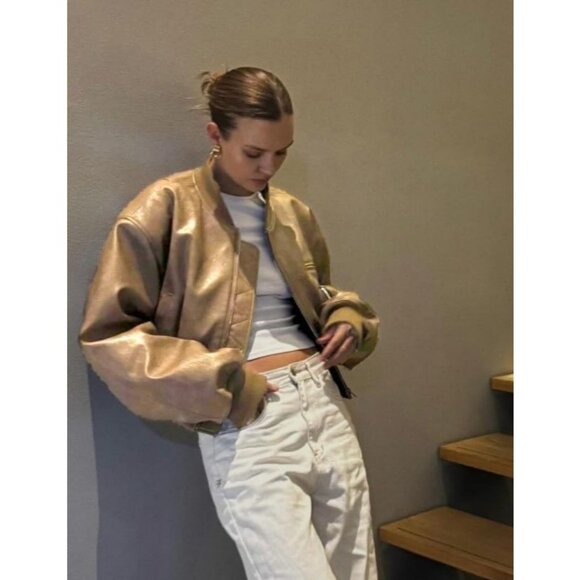 Women Cream 100% Synthetic Leather Baseball Collar Zip Up Cropped Biker Coat - Picture 2 of 6